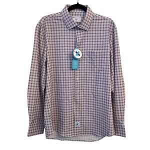 &Collar Button Up Mens Large Range Shirt Slim Plaid Purple White Long Sleeve NEW